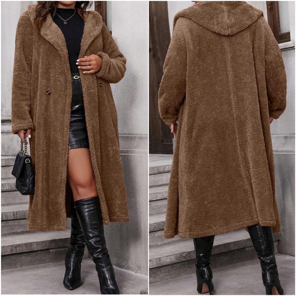 Plus Sherpa Teddy Button Hoodie Long Jacket Coat - Picture 3 of 5